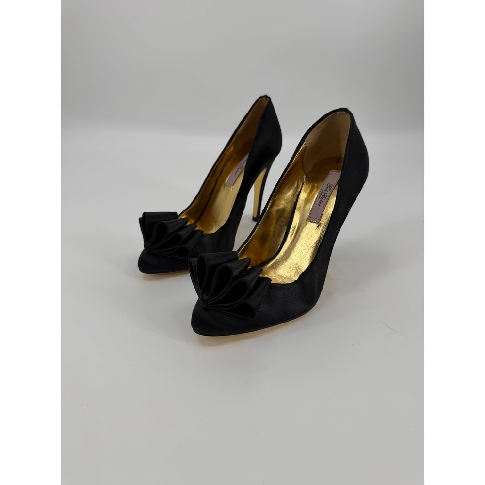 Ted Baker London Black Satin Fan‎ Bow Pointed Toe Stiletto Pumps Gold Sole UK 4